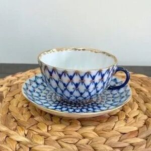 Lomonosov Cobalt and 22k Gold Teacup and Saucer ~ Vintage Blue